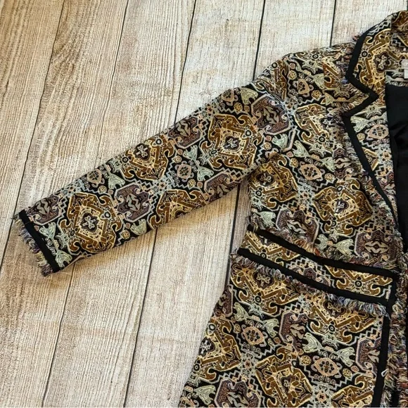 Chico’s Tapestry Jacquard Topper Coat Size 8/10 Fringe-Trim Baroque Brown Tan - Picture 2 of 15